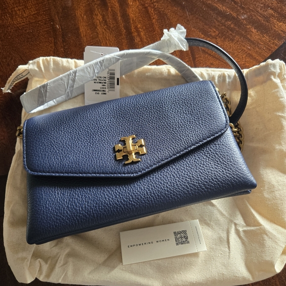 Tory Burch Kira Blue Pebble Leather Chain Wallet Crossbody Bag